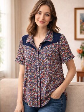 Modcloth Women’s Still Indie You Button - Up Blue & Red Floral Top Size XL